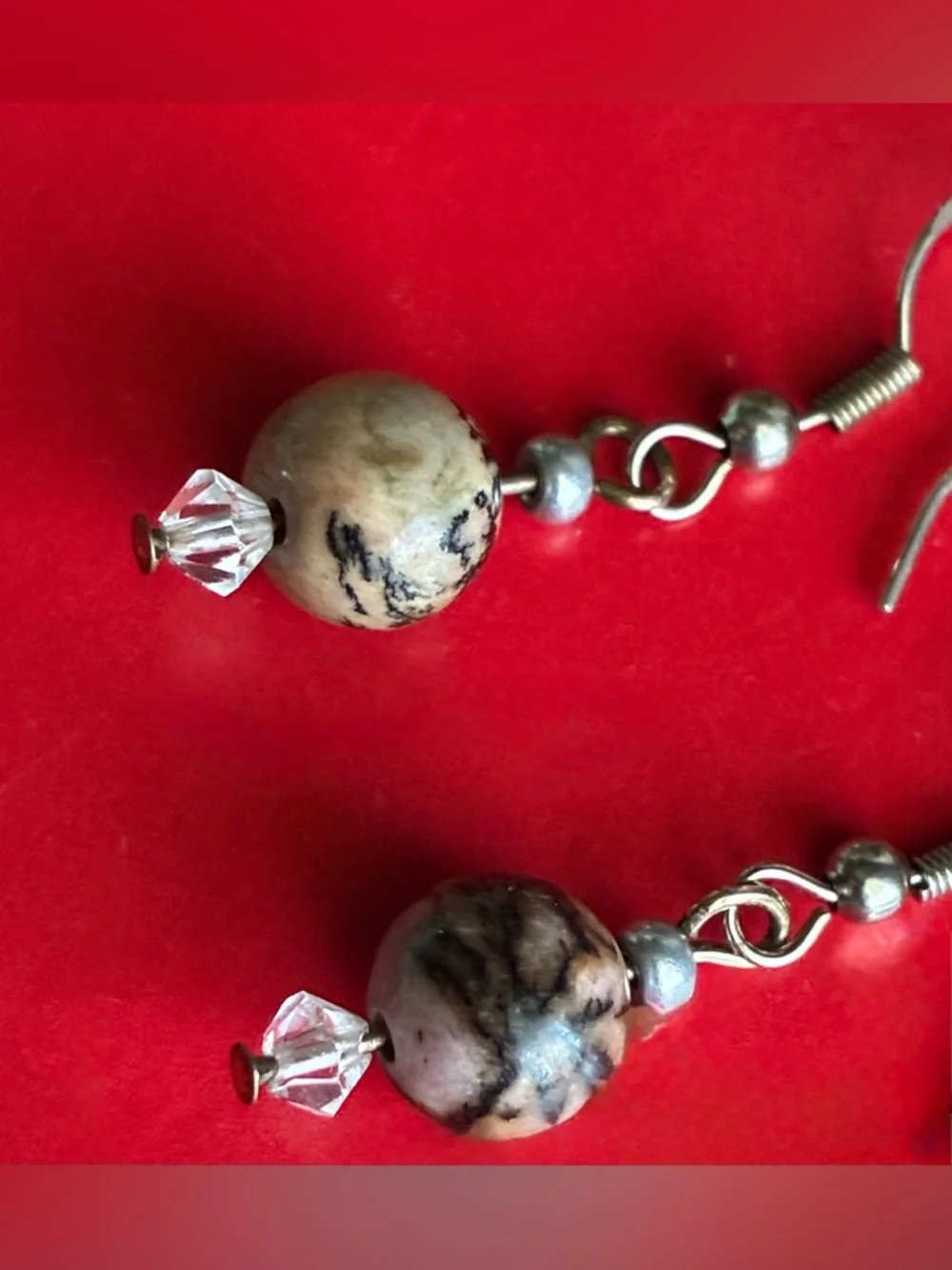 925 Silver Earrings,Black and Cream Marble Bead Drop Earrings with Silver. - Picture 2 of 7